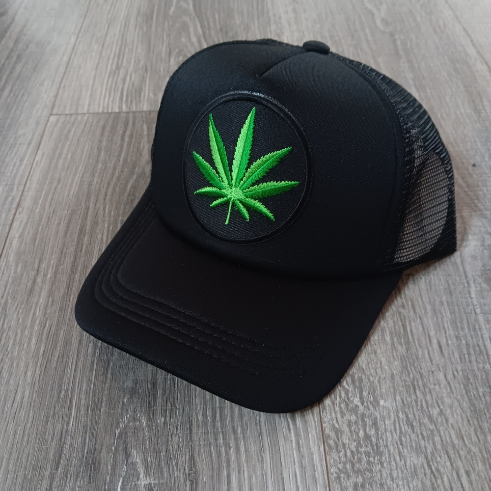 Stoner Cannabis Weed Black Trucker Hat with Green Leaf Embroidery